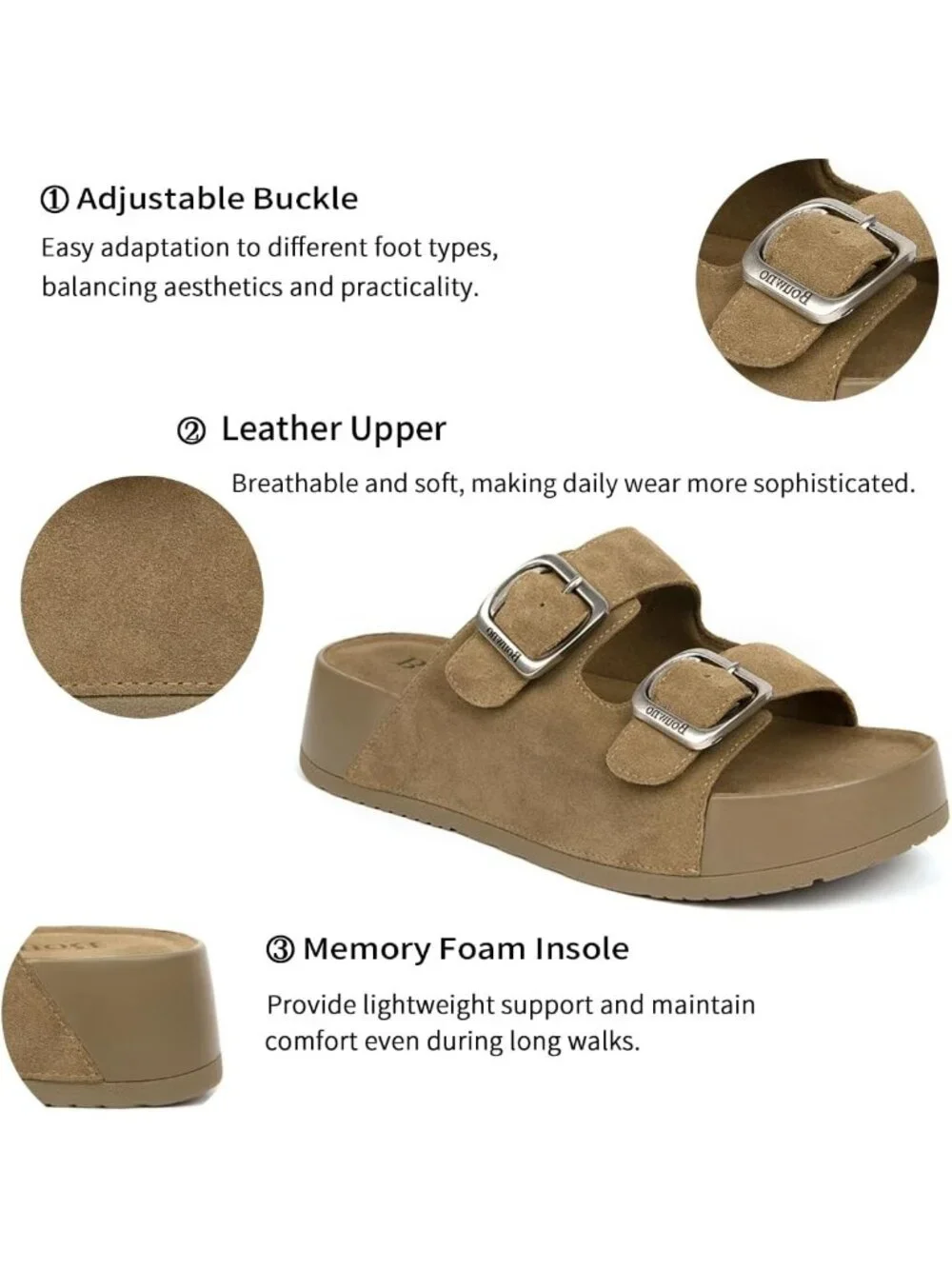 Women's Khaki Slide Buckle Genuine Leather Slip on Beach Platform Sandal Shoes